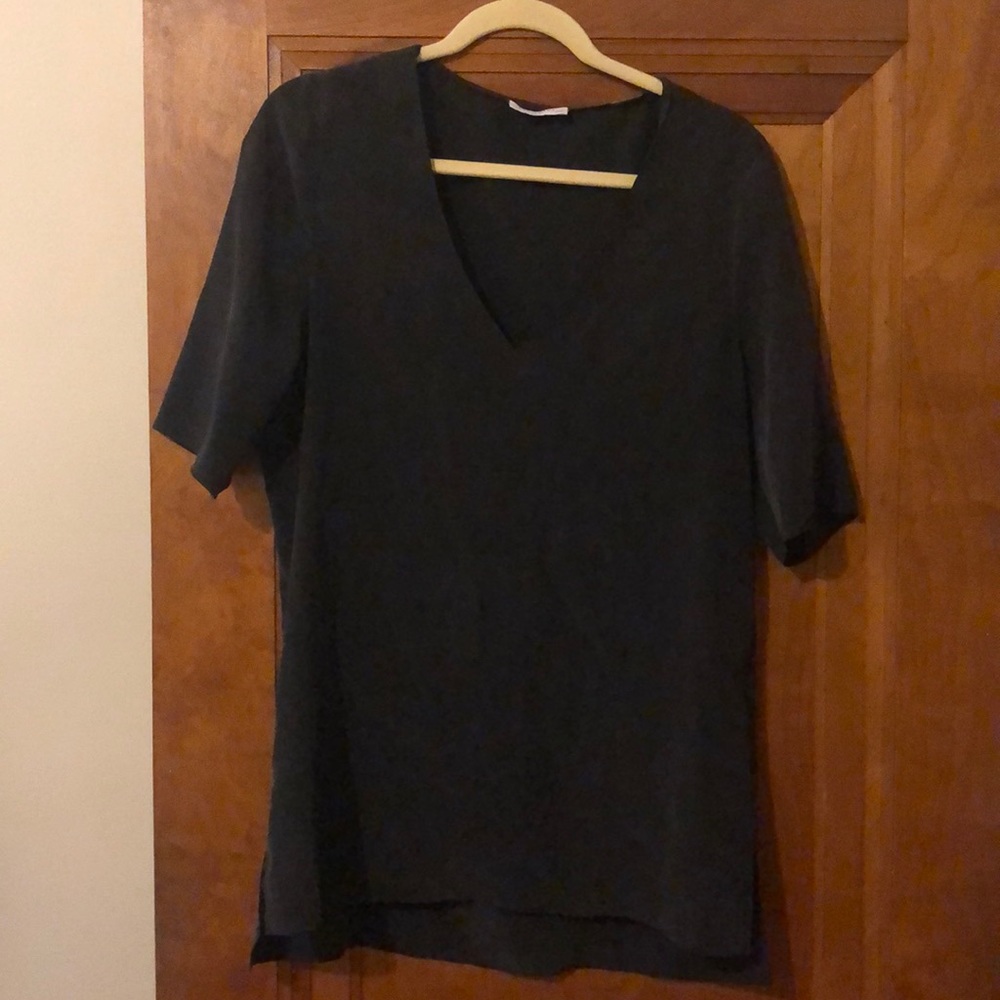 Dark charcoal silk equipment v neck tunic shirt